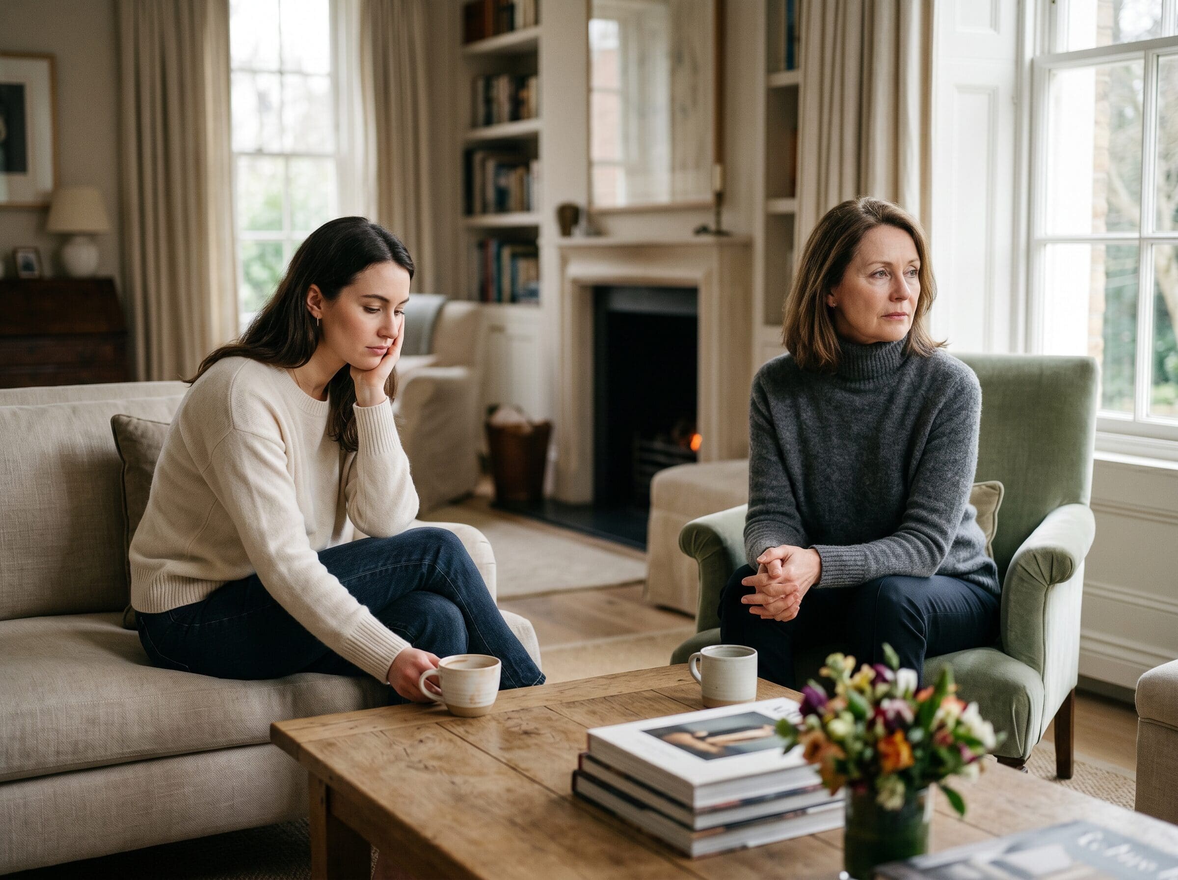 Mother and adult daughter sitting across from one another at a dining table, engaged in a quiet but emotionally tense conversation in a warm home environment.