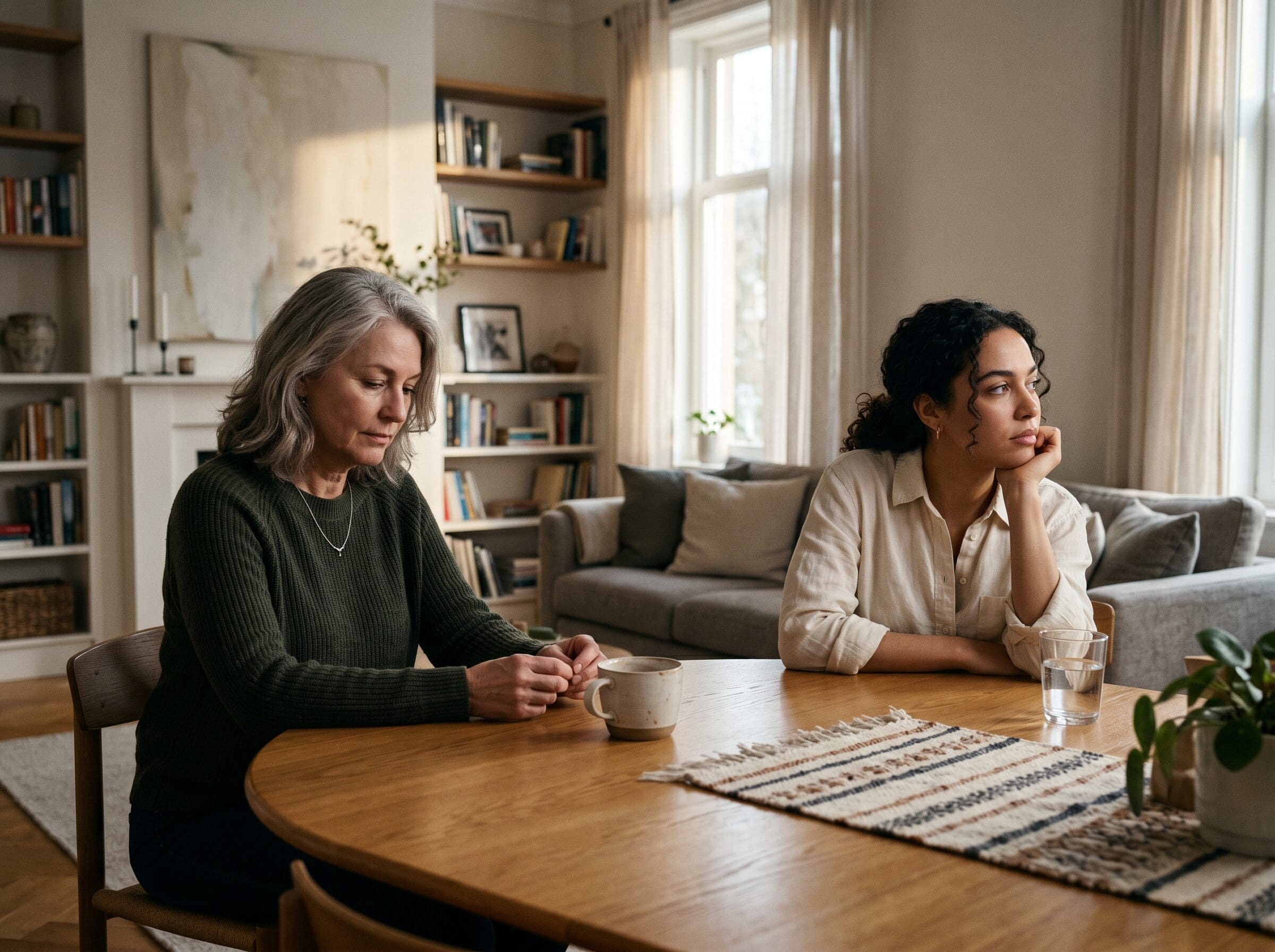 Adult mother and adult daughter sitting quietly at a dining table, appearing emotionally distant during a difficult conversation in a warm home setting.