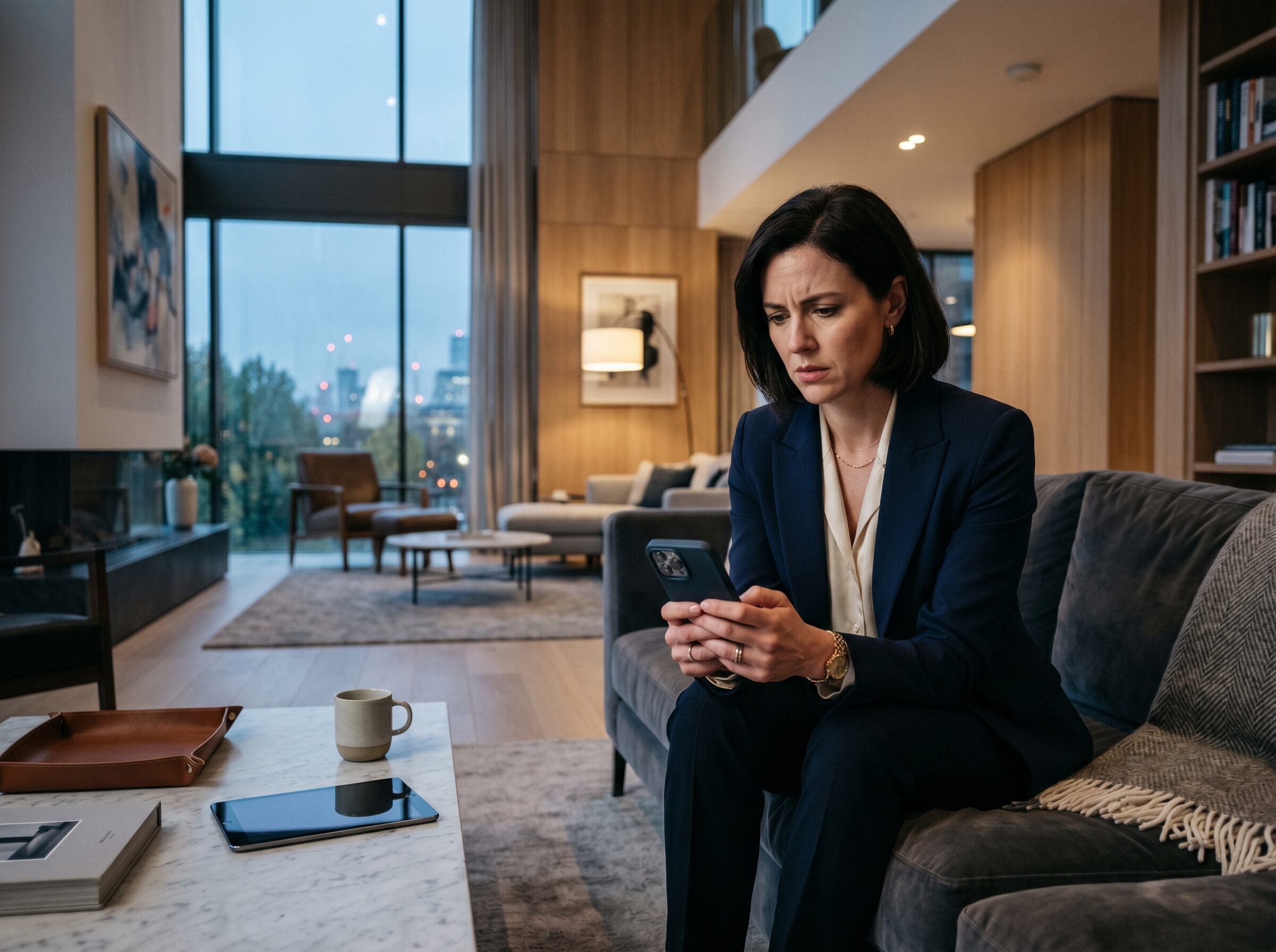 Professional woman sitting alone in a modern living room looking thoughtfully at her phone, reflecting on personal challenges despite outward success.