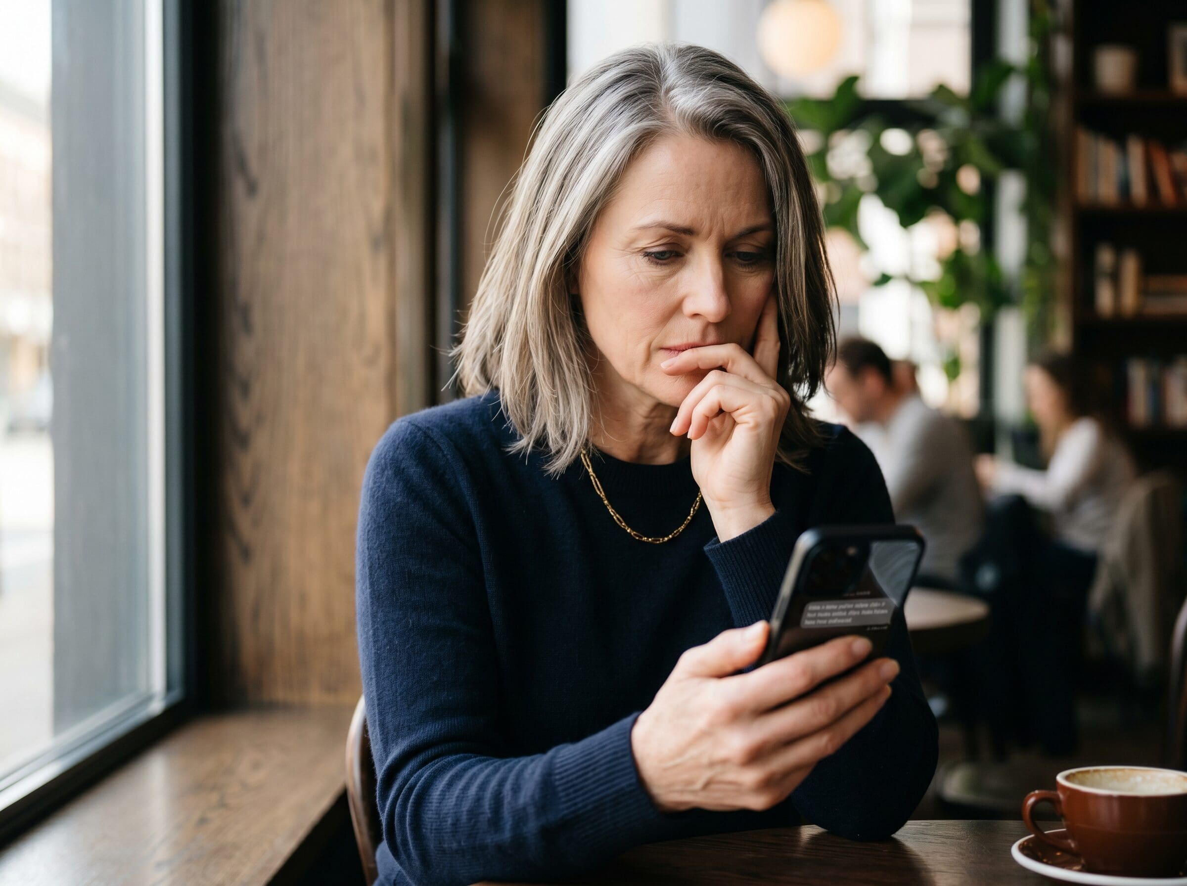 Thoughtful middle-aged woman sitting alone in a café looking at her phone, reflecting on a strained relationship with her adult child.